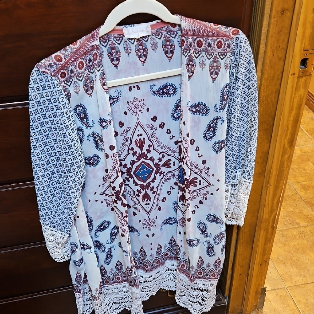Bohemian Open Front Kimono with Lace Trim